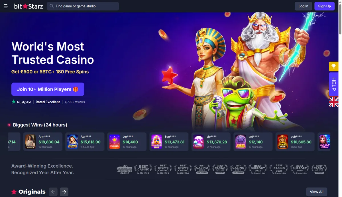 Screenshot: Startseite von BitStarz mit dem Willkommensangebot 500 € oder 5 BTC plus 180 Freispiele.