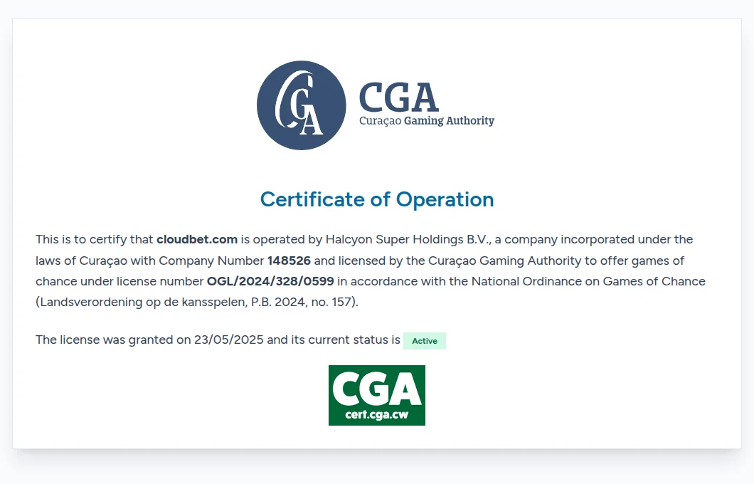 Screenshot: Registereintrag der Curaçao Gaming Authority für cloudbet.com mit der Lizenznummer OGL/2024/328/0599 und dem Status Active.