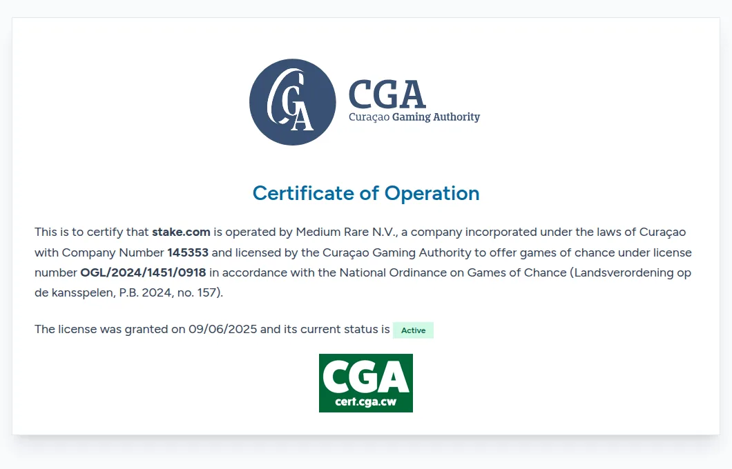 Screenshot: Registereintrag der Curaçao Gaming Authority für stake.com mit der Lizenznummer OGL/2024/1451/0918 und dem Status Active.