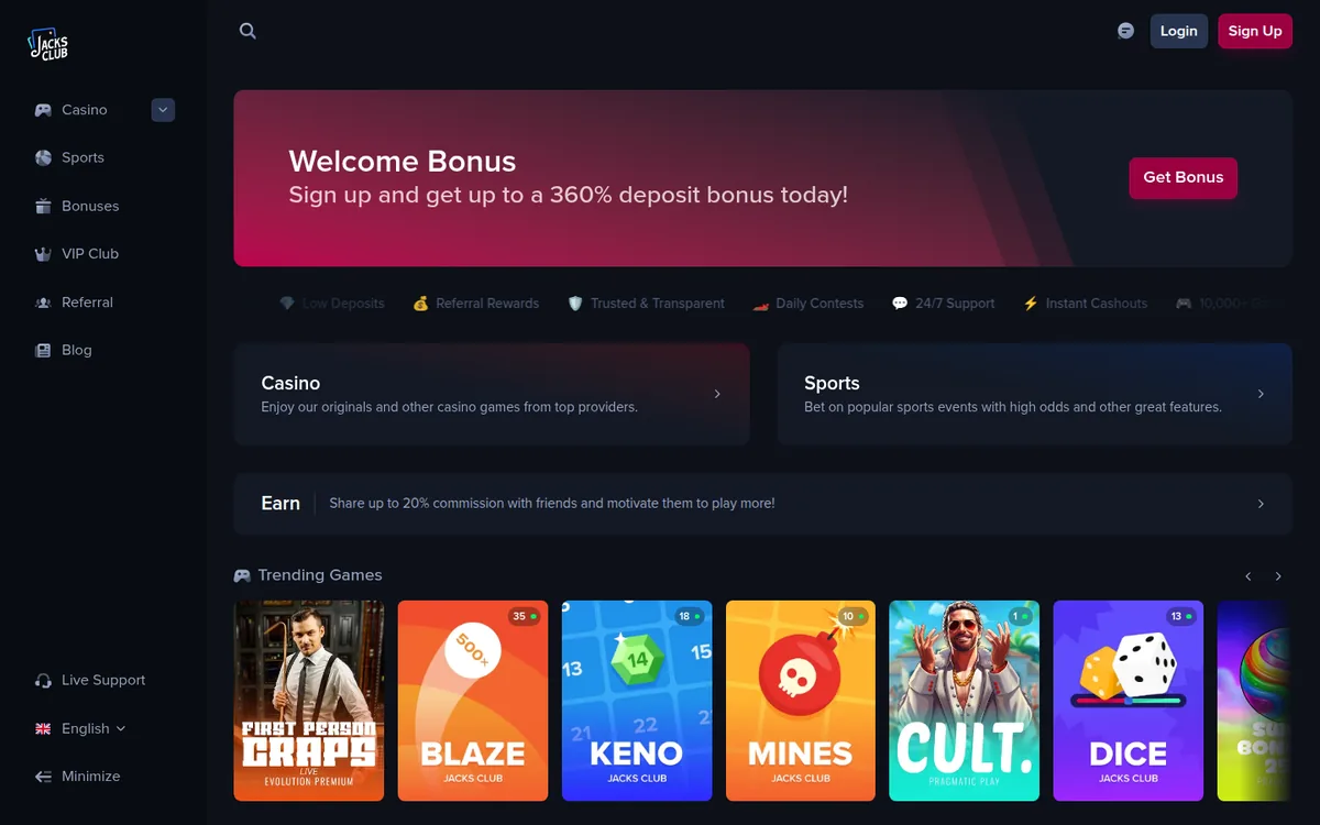 Screenshot: Startseite von Jacksclub mit Casino- und Sportbereich und einer Reihe von Spielen wie Keno, Mines und Dice.